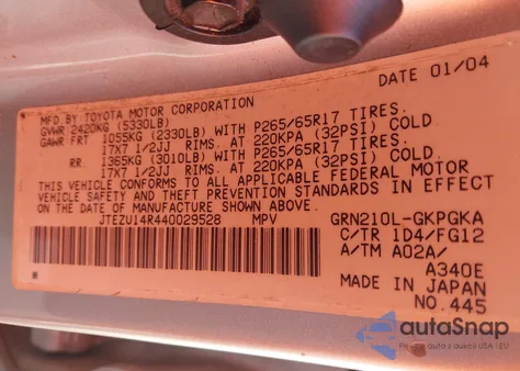 2004 Toyota 4Runner Sr5 V6 z USA, uszkodzony, nr VIN JTEZU14R440029528